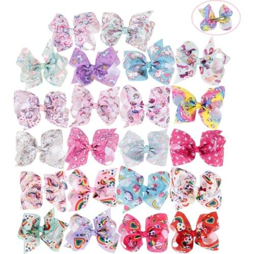 New 22 Colors 4.8" Unicorn Horn Ribbon Bow Hair Clips Rainbow Printed Cartoon Hair Bows Kids Christmas Gift Hair Accessories