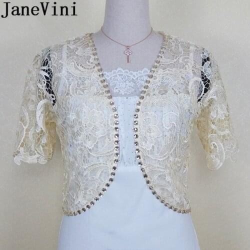 JaneVini 2019 Bride White Bolero Femme Mariage Lace Wedding Jacket Women Beaded Bridal Coat Cape Short Sleeve Evening Jackets