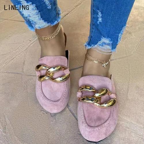 2021 Summer Clog Slides Women Chain Leather Slippers Female Fashion Flats Comfort Outside Sandals Laides Beach Shoes Plus Size