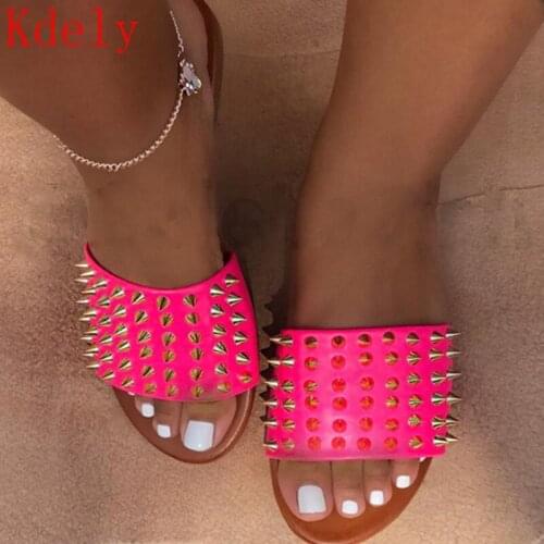 Sexy wild rivet EVA Leather female slippers Candy color PVC flat with Women sandals Beach slippers 36-42 Sizes