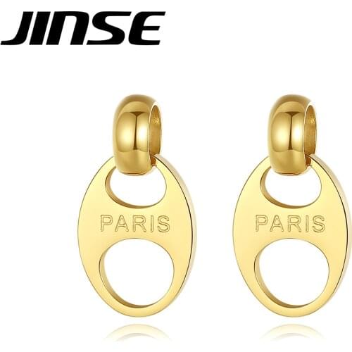 JINSE New Stainless Steel Hoop Earrings for Women Fashion Jewelry Punk Gold Metal Huggies Letter Paris Brincos Bijoux Femme Gift