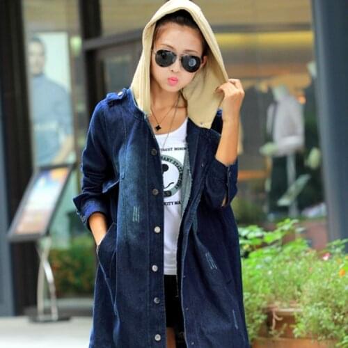 Autumn Women Hoody Denim Trench Coat Casual Streetwear Single Breasted Loose Fit Jeans Coat Windbreaker Outwear Plus Size 4XL
