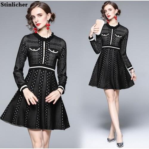 Black Polka Dot Plaid Knitted Dress Women Autumn Winter Thick Warm Sweater Dress Ladies Fashion Buttons Striped Midi Dresses