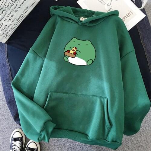Winter Frog Eating Pizza Hoodie Cartoon Cute Pattern Warm Pullover Drawstring Pink Womens Student Harajuku Oversized Sweatshirt