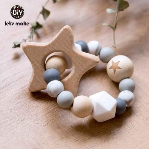 Lets Make 1pc Silicone Bead And Wooden Bead Bracelet Nursing Teething Toys BPA Free Beech Wooden star Bracelet DIY Baby Teether