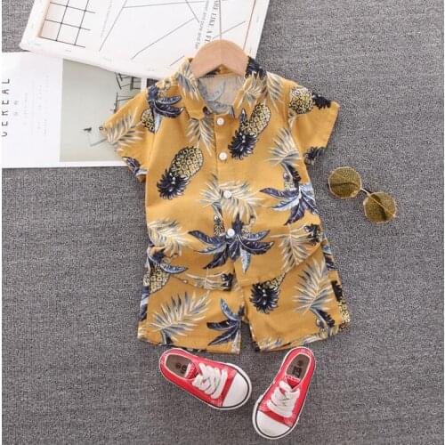 0-5Years Casual Kids Boy Clothes Summer Outfits Beach Suit Leaves Pineapple Print 2Pcs Turn-Down Collar Short Sleeve Top+Shorts