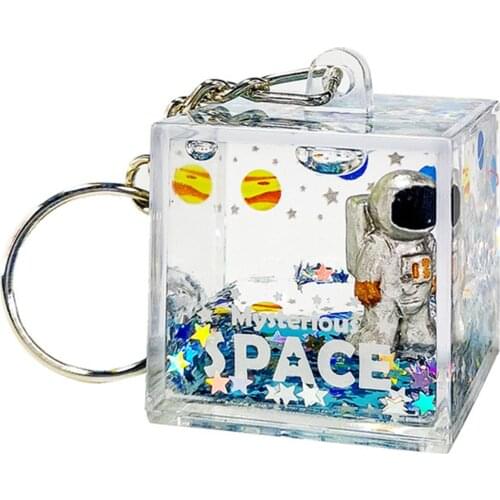 2021 Creative Mysterious Space Quicksand Square Keychain Astronaut Bag Charm Keyring Jewelry Glitter Moving Liquid Key Ring Gift