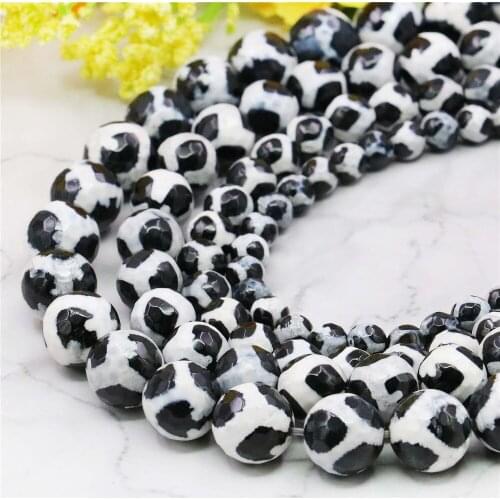 6 8 10 12mm Round Faceted Black White Spotted Agates Loose Beads DIY Onyx Natural Stone Women Hand Made Jewelry Making Design