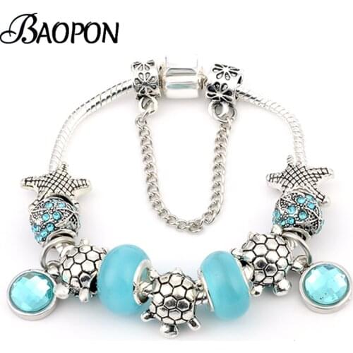 BAOPON Silver Plated Beads Charm Bracelets With Turtle & Starfish Pendant Bracelets For Women Wife Pulsera Jewelry Gift 2021 New