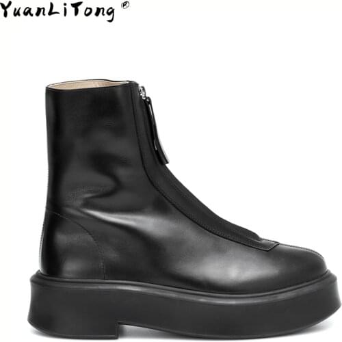 High Quality Genuine Leather Ins Hot Women Ankle Boots Front Zipper New Platform Platform Heightened Boots