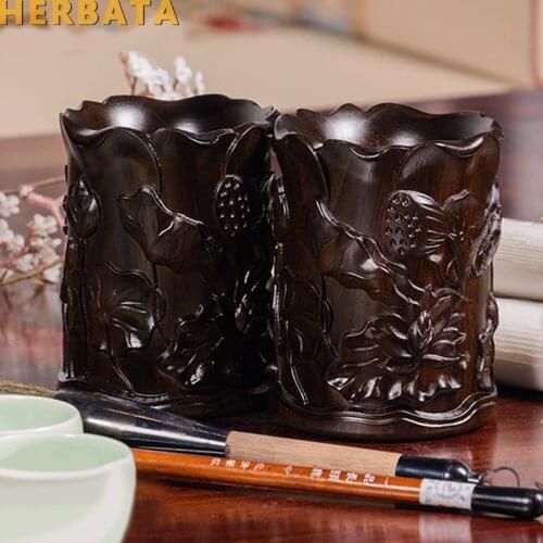 Ebony Classical Lotus Pen Holder Living Room Study Room Mahogany Storage Box Solid Wood Carving Pen Holder