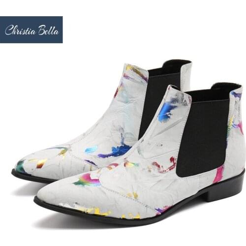 Christia Bella Fashion Colorful Pattern Men Chelsea Boots Pointed Toe Real Leather Ankle Boots Slip on Party Short Boots Male