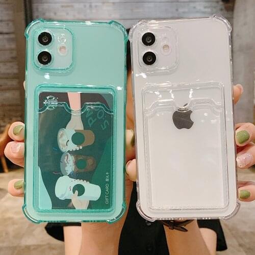 For iPhone 11 12 Pro Max X XR XS Max 7 8 Plus SE 2020 Card Holder Phone Case Coque Wallet Soft TPU Candy Color Transparent Cover
