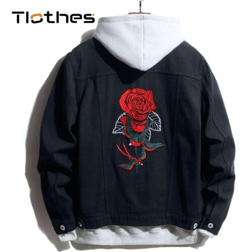 Rose Embroidery Denim Jacket Men Leisure Cowboy Clothing Long Sleeve Denim Shirt Cotton Washed Jeans Shirts Mens Jeans Jacket