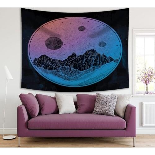 Tapestry Mountains and Night Sky Stars Moon Planets in Circle Shape on Dark Background Surrealistic Artwork Black Blue Purple