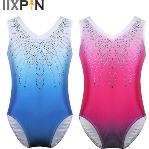 IIXPIN Gymnastics Leotard Girls Shiny Diamond Ballet Leotard One Piece Sleeveless V Shaped Neck Rhinestone Ballet Dance Jumpsuit