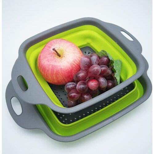 Square Foldable Draining Basket Silicone Sieve Basket Retractable Folding Fruit Basket Kitchen Supplies Washing Vegetable Basket