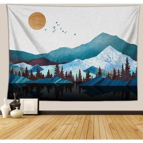 Cartoon Snow Scenery and Red Sun Tapestry for Livingroom Photography Wall Decor