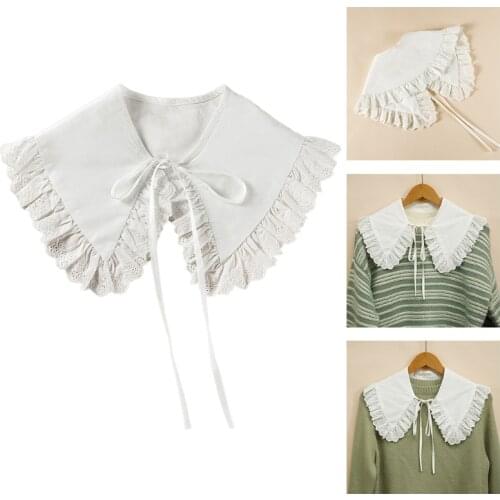 Royal Style Cotton Fake Collar Shawl Wrap Hollow Out Floral Lace Ruffled Trim Necklace Pointed Triangle Lapel Blouse