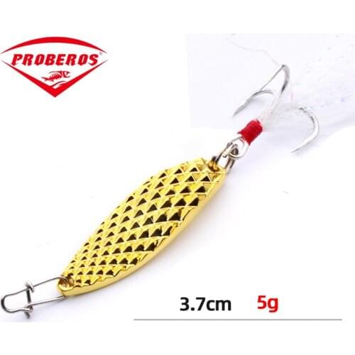 PRO BEROS 1Pcs Metal Spinner Spoon Fishing Lures 5g Gold Silver Artificial Bait With Feather Treble Hook Trout Pike Bass Tackle