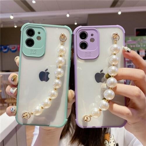 Clear Shockproof Bumper Pearl Bracelet Chain Phone Case For iPhone 12 11 Pro Xs Max X Xr 7 8 Plus 12Mini Camera Protection Cover