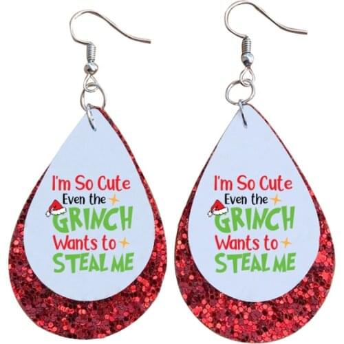 The Grinch Christmas Faux Leather Two Layers Glitter Earrings Thanks Giving Gift Double Print Bulk Order