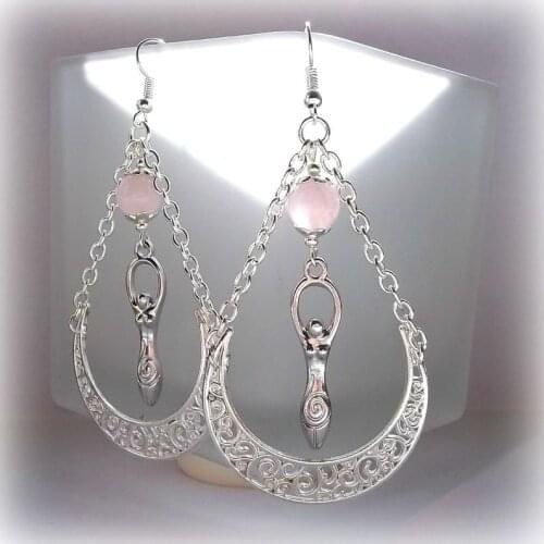 Rose Quartz Silver Goddess Earrings Moon Goddess Pagan Earrings