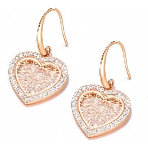 Rose Heart Earrings Fashion Jewelry 2021 Rose Gold Hollow Flower Crystal Heart Earrings For Women Dangle Earrings Brinco boucle