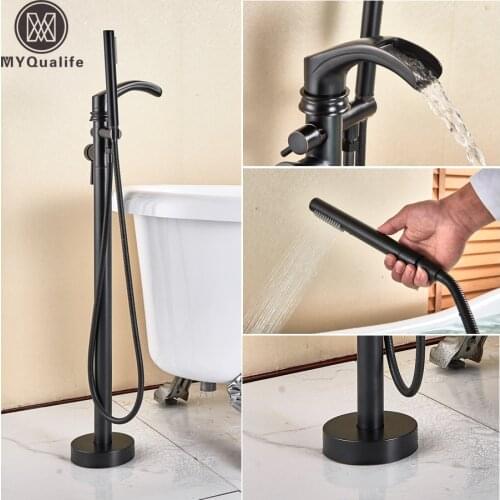 Black Bronze Clawfoot Bathtub Faucet Single Handle Floor Mounted Bathtub Mixer with Handshower Waterfall Bath Tub Tap