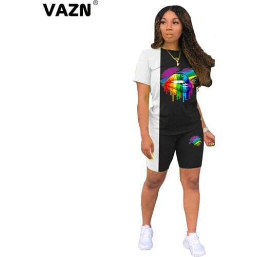 VAZN 2020 Hot Patchwork Daily Regular Casual Simple Free Style Short Sleeve Knee Length Tracksuits Slim Women 2 Piece Set