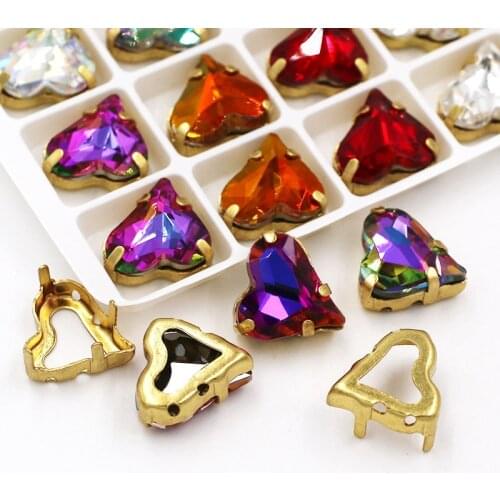 Wedding decoration K9 glass Heart shape strass crystal gold base sew on claw rhinestones diy clothing Accessories