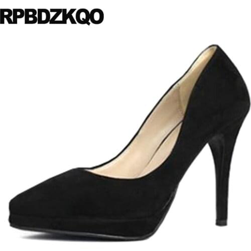 Thin genuine leather pointed toe sheepskin shoes women suede 8cm pumps plus size super sexy high heels extreme round ultra black