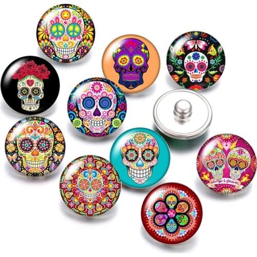 Fashion Skull Punk 18mm snap buttons 10pcs mixed round photo glass cabochon style for 18mm snap button jewelry