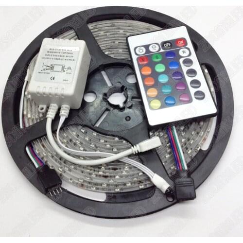 Waterproof IP65 RGB SMD 3528 5m 60leds/m DC12V Flexible LED Strip light tape + 12V 24keys IR remote controller + Mini receiver