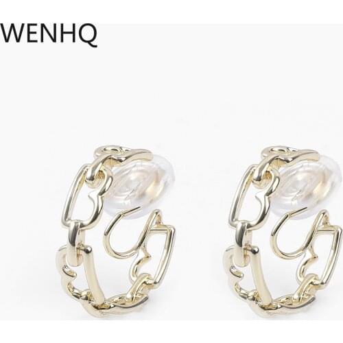 WENHQ Copper Metal Gold Color Hollow-out B-shaped Clip on Earrings Popular Hoop Earrings No Ear Holes Fake Cuff Earrings New