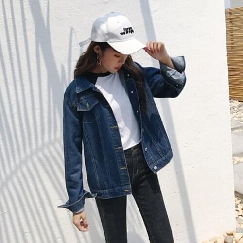 Womens Autumn Fashion Solid Denim Jacket Loose Casual Dark Blue Coats Female Outwear Denim Female Coat