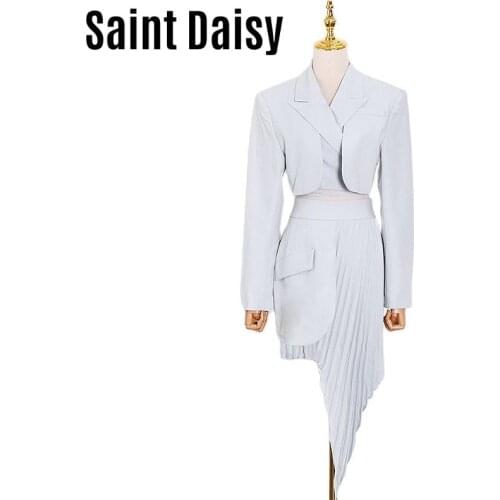 SaintDaisy Womens Formal Dress Suit 2021 Fashion Blue White Two Pieces Dress Coat High Waist Irregular Pleated Skirt 629006