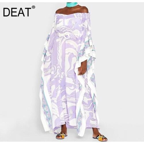 DEAT 2021 Bohemian Dress Women Slash Neck Coconut Tree Print Holiday Silk Over Long Length Split Slim New Autumn Fashion AM947