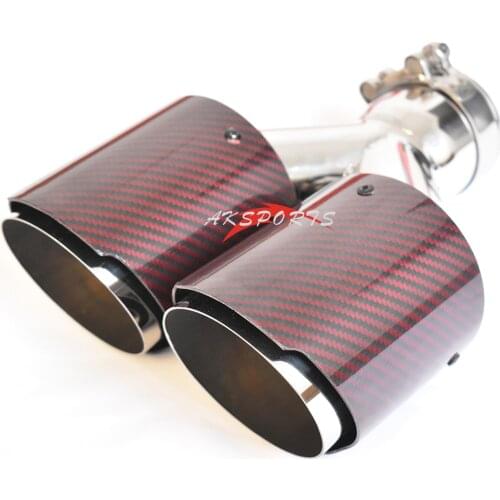 1PC Red Glossy Carbon Stainless Steel Universal Dual tip Equal Length Exhaust Pipe End tail Muffler Tip With Logo For BW Series