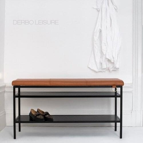 Modern Classic Design multi function PU Leather Metal Loft Fashion Shoes Changing Low Stool Bench with storage shelves Rack 1PC