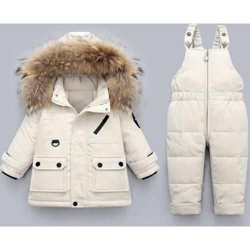 Fashion Thick Warm Dark Down Children Clothes Sets Winter Baby Boys Girls Fur Collar Hooded Coats+Pants 2Pcs Kids Baby Snowsuits