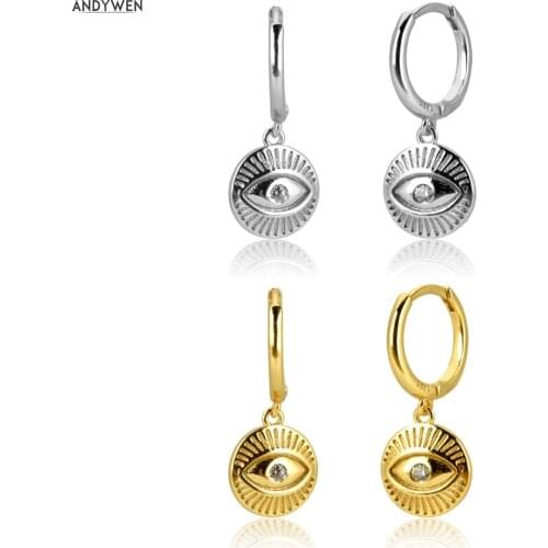 ANDYWEN 925 Sterling Silver Gold Coins Eyes Zircon CZ Round Drop Earring 2020 New Rock Punk Luck Eye Piercing Pendiente Jewelry