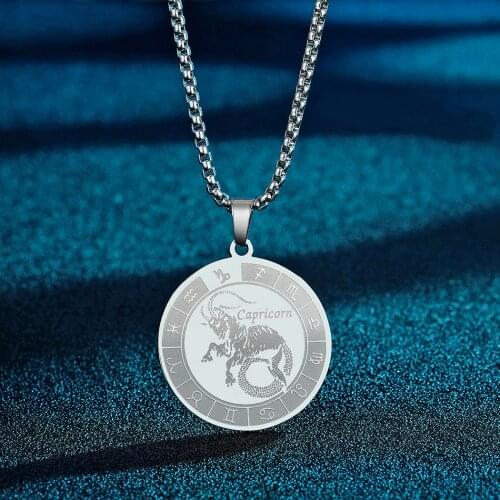 QIAMNI New Arrival 12 Constellation Chain Necklace Stainless Steel Capricorn Zodiac Pendant Couples Jewelry Gifts for Women Men