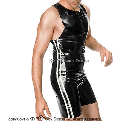 Black With White Stripes Sexy Latex Catsuit With Front Zipper Tank Back Body Suit Rubber Bodysuit Zentai LTY-0078