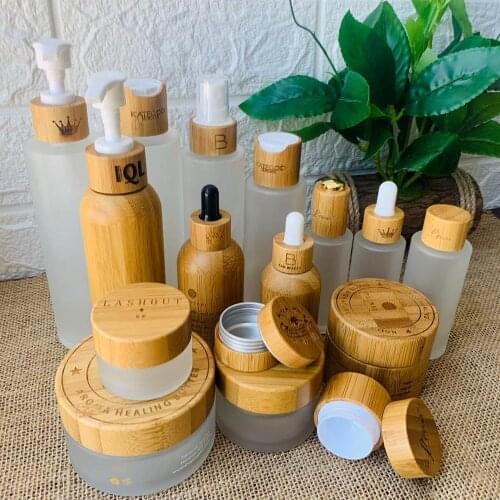Engraving Frosted glass spray bottle Perfume bottles Skincare cream jars Mask Essence Cosmetic packaging with wooden bamboo cap
