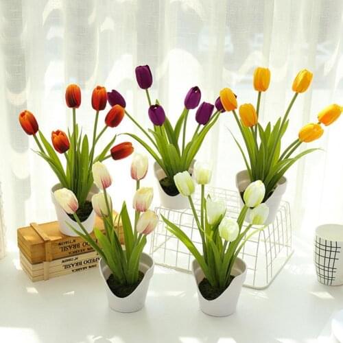 Artificial Tulip Exquisite 6 Heads Faux Silk Flower Natural Simulation Potted Plants for Home Good-Looking Home Decoration