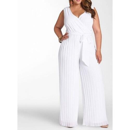 Summer White Sleeveless Jumpsuit Romper Women Casual Pleated Lace Up African Female Wide Leg Long Overalls Office Lady Jump Suit