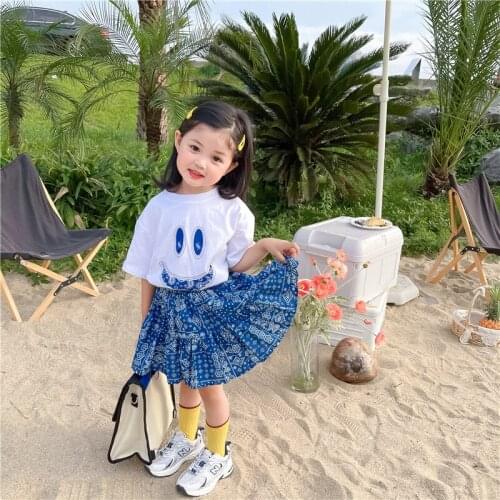 National Style Girls Summer Skirt Set Fashion Short Sleeve Smile Face T-shirt+Printed Skirt Princess Outfit Two Piece Kids Sets