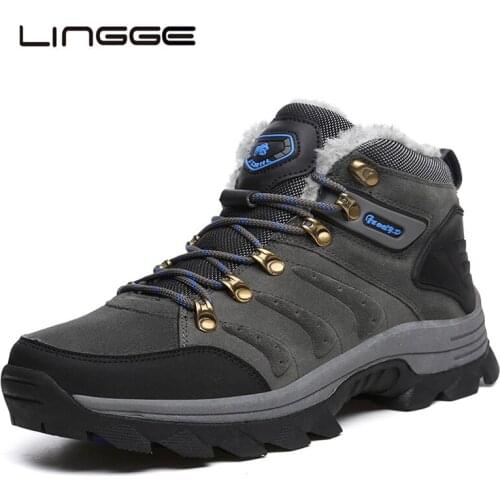 LINGGE Men Winter Boots Men Ankle Boots Quality Suede Leather Snow Boots Men Warm Fur Plush Outdoor Walking Shoes Plus Size 47