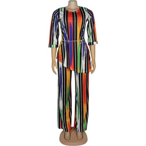 2021 Clothing New Fashion Popite WomenS Seven Color Digital Printing Loose Set With Pearl Waist Chain Elastic Fabric Two-Piece